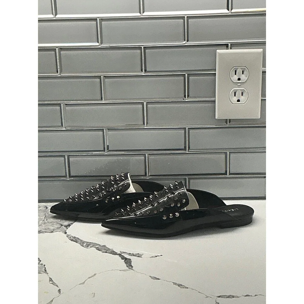 Lisa Vicky MOJO-V Black Patent PU Studded Pointed Toe Mules Women's Size 7‎ M